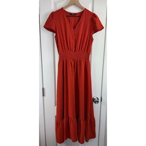 Fashion Women's Burnt Orange Boho Maxi Dress Swiss Dot Smocked Waist Size S